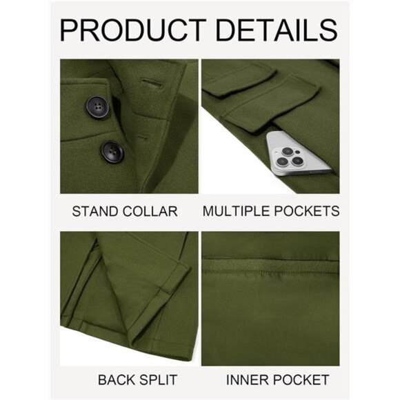 Mens Pea Coats Single Breasted with Pockets Green - Picture 5 of 5